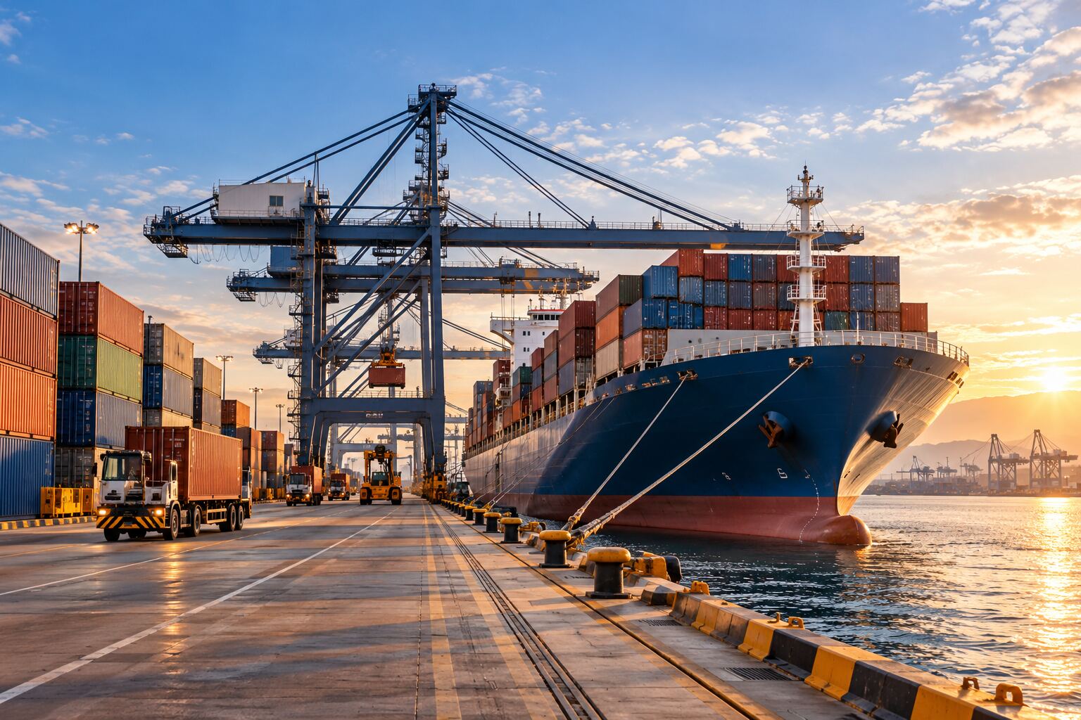 Container vessel at port, loading and offloading cargo